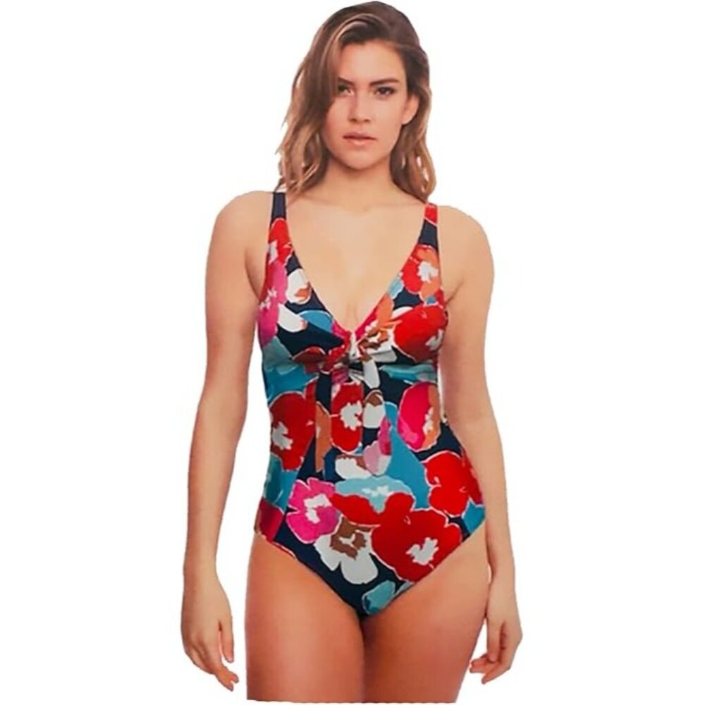 Colorful Floral One Piece Swimsuit Front Tie Plunge Neckline Open Back XXL 20